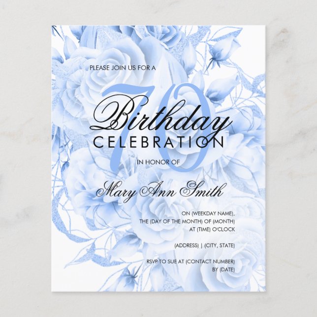 Flyer Elegante 70 Birthday Floral Marinho Blue Invite (Frente)
