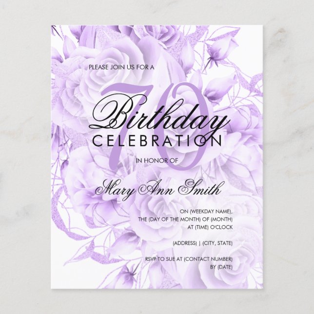 Flyer Elegante 70 Birthday Floral Purple Invite (Frente)
