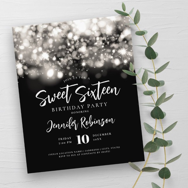 Flyer Elegante Budget Silver Sparkle Sweet 16 Convite (Elegant Budget Silver Sparkle Sweet 16 Invite Flyer)