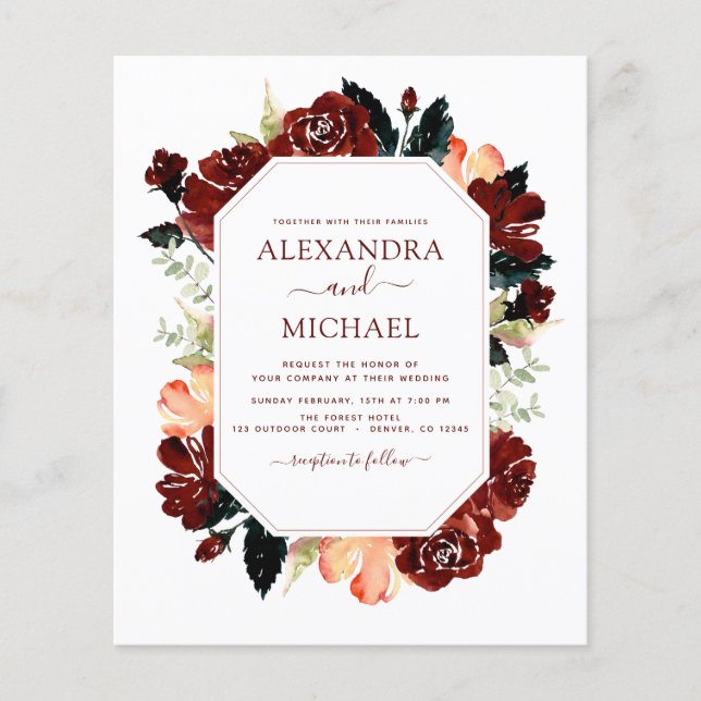 Flyer Elegante de Casamento Floral Azul Marinho Borgonha (Frente)