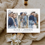 Flyer Elegante de Orçamento Salve a Data 3 Foto Branco<br><div class="desc">Foto moderna e elegante do orçamento Salve o Cartão de Casamento de Data. O cartão de convite para salvar data inclui tipografia branca e chic e design simples em um fundo branco ao qual você pode adicionar sua fotografia personalizada de noivado.</div>