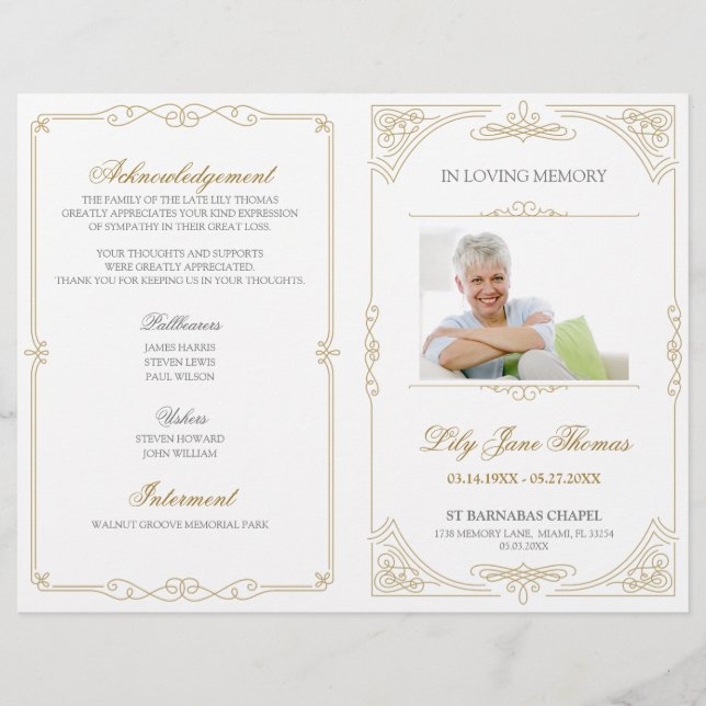 Flyer Elegante Dourado Swirl Funeral | Editar Cor (Frente)