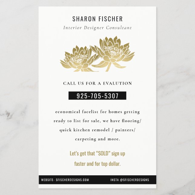 Flyer Elegante Faux Dourado Lotus Floral Business (Frente)