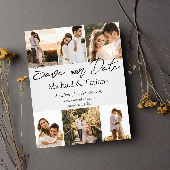 Flyer elegante guarde a data 6 fotos do casamento colage (Criador carregado)