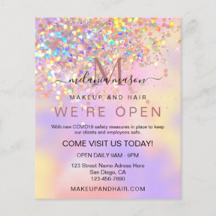 Flyer Elegante Holográfico Glitter Estamos Abertos Salon