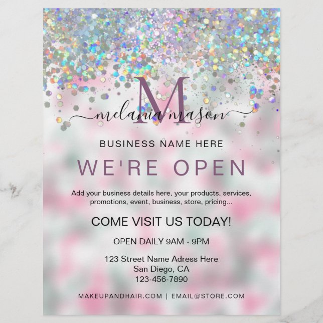 Flyer Elegante Holographic Glitter Somos Salão Aberto (Frente)