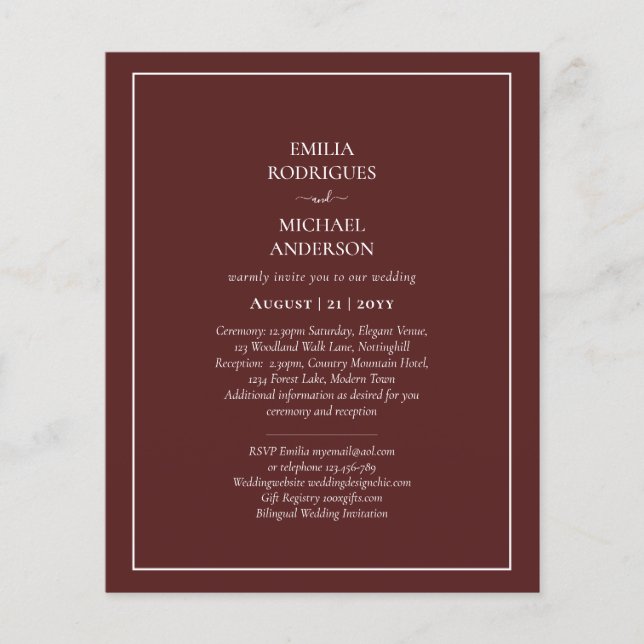 Flyer Elegante Orçamento Bilingue Casamento Borgonha Esp (Frente)