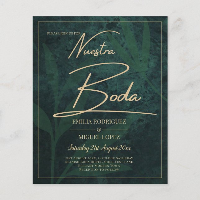 Flyer Elegante Verde Dourado espanhol BODA QR Code RSVP (Frente)