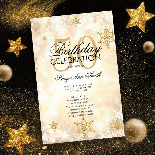 Flyer Elegante Winter 50th Birthday Program Dourado com  (Criador carregado)