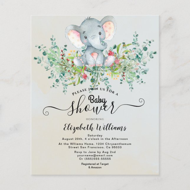 Flyer Elephant Floral Eucalyptus Baby chuveiro (Frente)