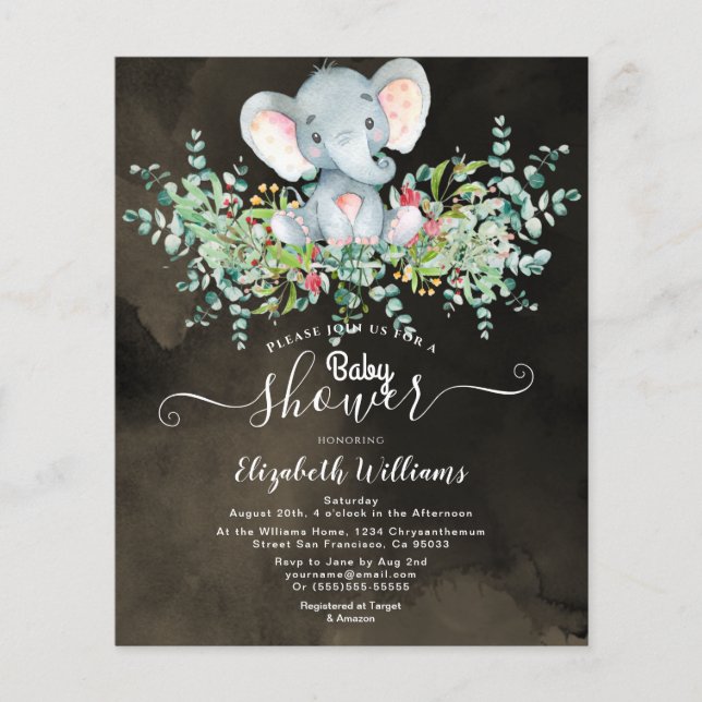 Flyer Elephant Floral Eucalyptus Baby chuveiro (Frente)