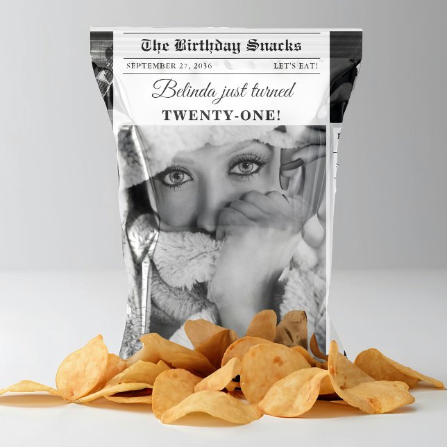 Flyer Embrulho de Saco de Batata Frita com Foto da Capa  (Birthday Newspaper Photo Cover Chip Bag Wrapper)
