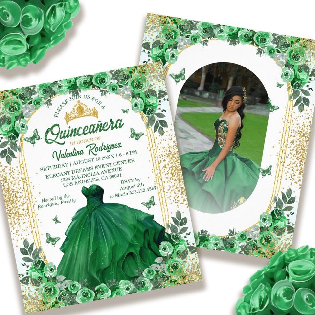Flyer Emerald Green Dourada Quinceanera Floral (Budget Emerald Green Gold Floral Quinceanera Flyer)