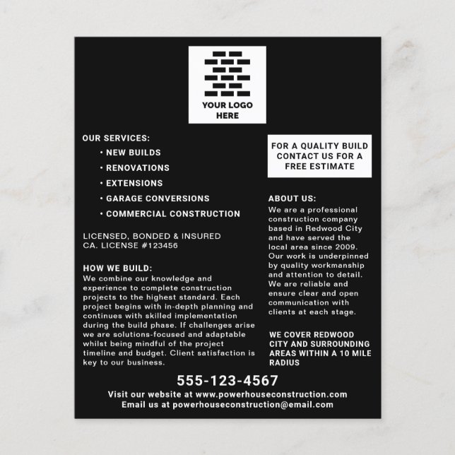 Flyer Empresa de construção adicione seu logotipo preto (Frente)