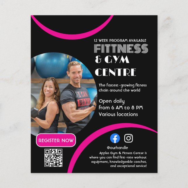 Flyer Empresa de Treinador Pessoal para Gym Preto e Rosa (Frente)