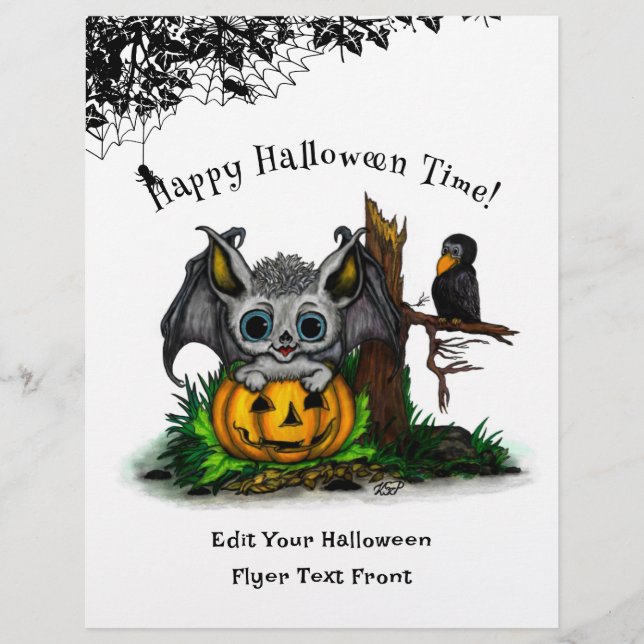 Flyer Esperando o Halloween, Cute Bat e Raven (Frente)