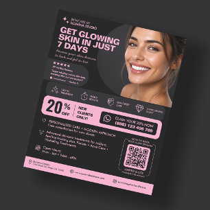 Flyer Esteticista Estética Rosa Preto Brilho Cuidados co
