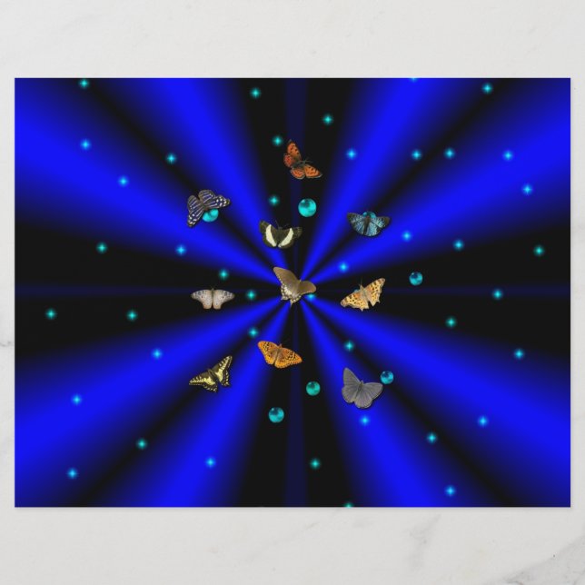 Flyer Estrelas, Pérolas e Borboletas em preto e azul (Frente)