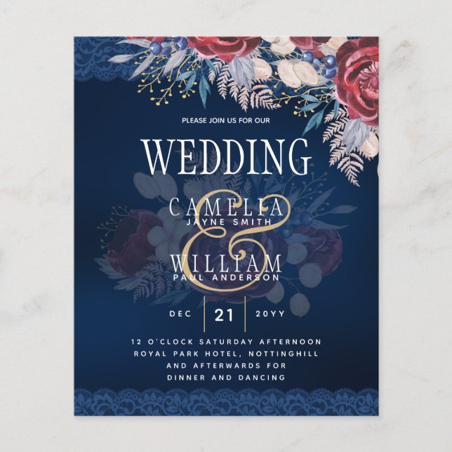 Flyer Eterno Azul Borgonha Floral Casamento (Frente)