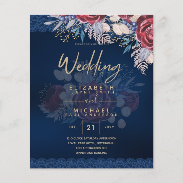 Flyer Eterno Azul Borgonha Floral Casamento (Frente)