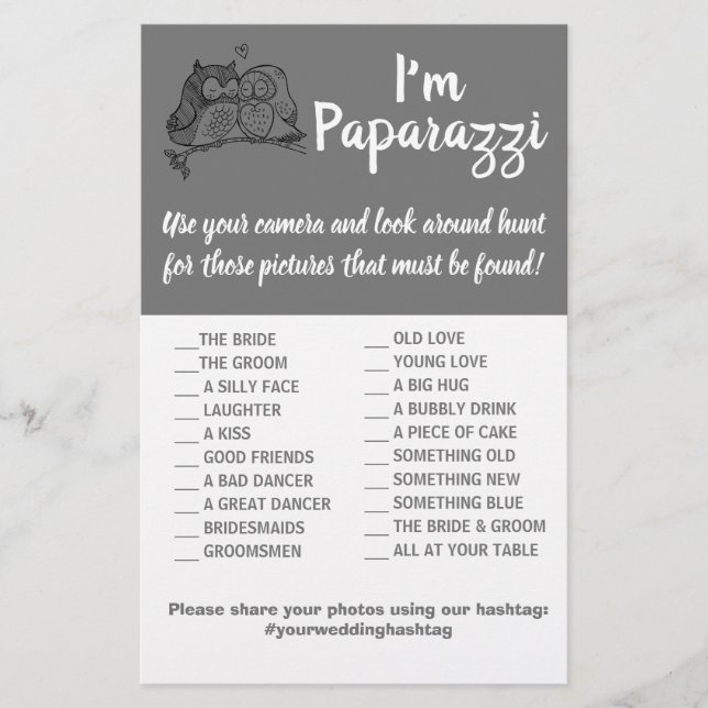 Flyer Eu sou paparazzi Game Card Owls Love Wedding (Frente)
