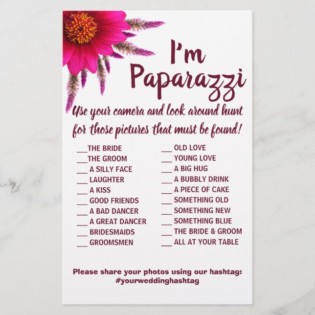 Flyer Eu sou paparazzi Game Card Purple Flower Wedding (Frente)