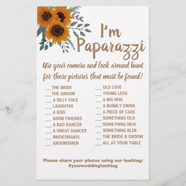 Flyer Eu sou paparazzi Game Card Sunflower Wedding (Frente)