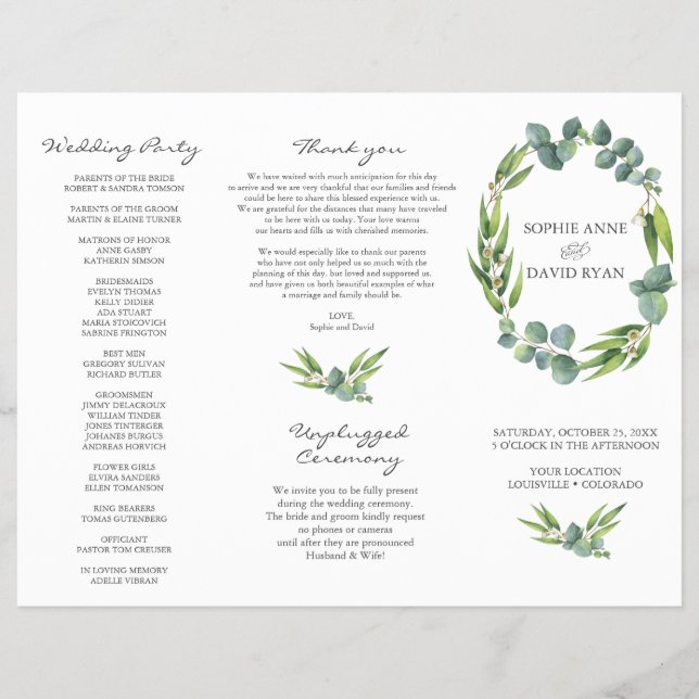 Flyer Eucalyptus Foliage Wreath Tri+Fold Weding Program (Frente)