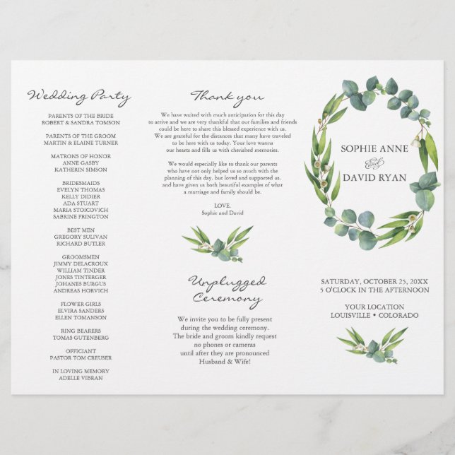 Flyer Eucalyptus Foliage Wreath Tri+Fold Weding Program (Frente)