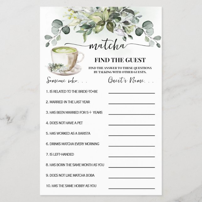 Flyer Eucalyptus Matcha Find the Guest Shower Game Card (Frente)