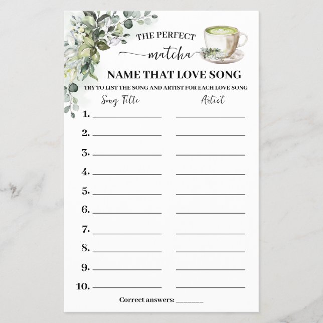 Flyer Eucalyptus Matcha Name Love Song Shower Game Card (Frente)