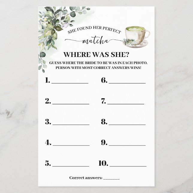 Flyer Eucalyptus Matcha Where was Bride Shower Game Card (Frente)