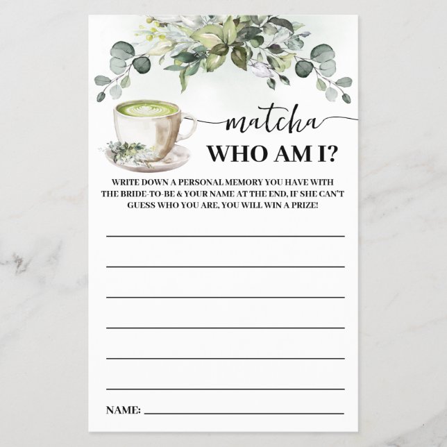 Flyer Eucalyptus Matcha Who am I Bridal Shower Game Card (Frente)