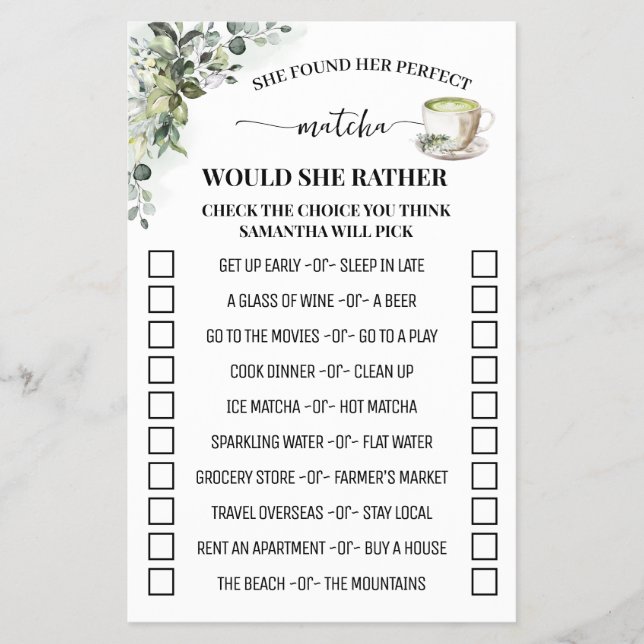 Flyer Eucalyptus Matcha Would She Rather Shower Game (Frente)