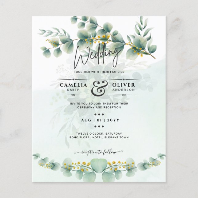 Flyer Eucalyptus Wedding Invitation Modern Greenery Dour (Frente)