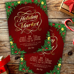 Flyer Evento de Mercado de Natal Rústico Vermelho e Dour