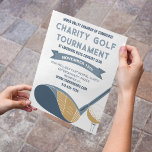 Flyer Evento do Torneio de Golfe Personalizado<br><div class="desc">Todo o texto neste folheto está pronto para ser personalizado com suas informações. Faça um folheto atraente para torneios de golfe e outros eventos especiais. Apresenta uma ilustração de estilo realista de um taco de golfe e bola em tons de azul e dourado com todo o texto em azul ardósia...</div>