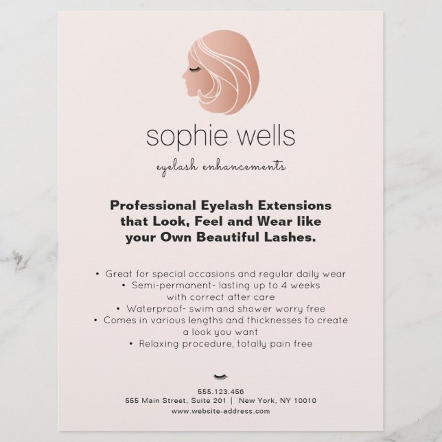 Flyer Extensões EyeLash Douradas e Falso Lash Girl (Frente)