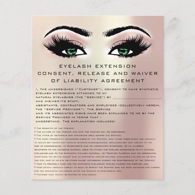 Flyer EYELASH EXTENSION CONSENT, RELEASE AND WAIVER Gree (Frente)