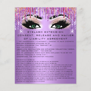 Flyer EYELASH EXTENSION LIEAVER WAIVER Olhos Verdes Roxo