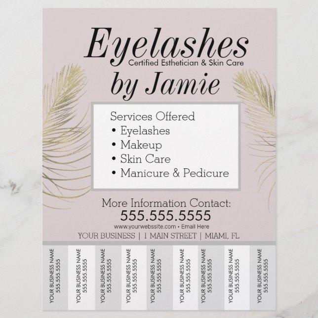 Flyer Eyelash Service Dourado Rasgos de Negócios Rosa (Frente)
