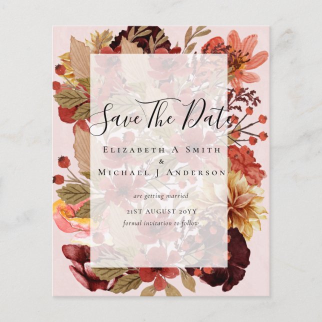 Flyer Fall Floral Wedding - Burgundy Orange BUDGET (Frente)
