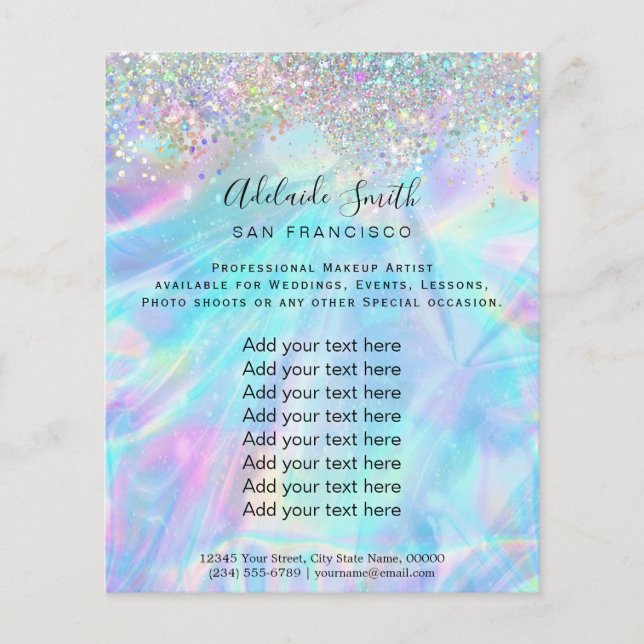 Flyer FAUX, iridescente holográfico e brilho falso (Frente)