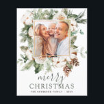 Flyer Feliz Natal Feliz Feriado Fotográfico<br><div class="desc">Cartão com fotos de Natal Feliz de inverno com Flores Brancas Florais de Férias e Greenery,  Ramos de Árvore de Pinheiros,  Pinecones com um simples Fundo.</div>