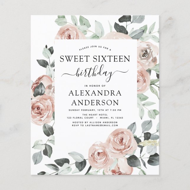 Flyer Festa de aniversário 16 de cor rosa suave e poeire (Frente)