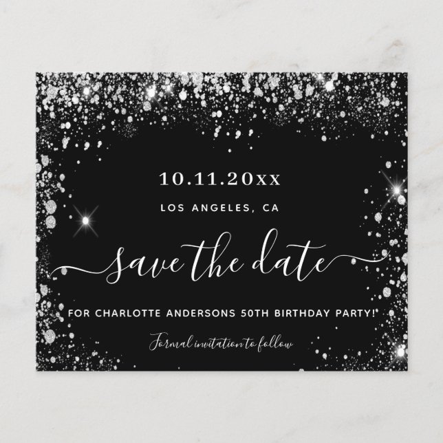 Flyer Festa de aniversário de prata preta salvar a data (Frente)