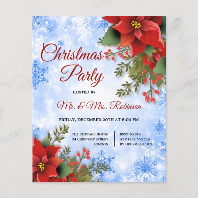 Flyer Festa de Natal Silver Blue Sparkle Poinsettia (Frente)