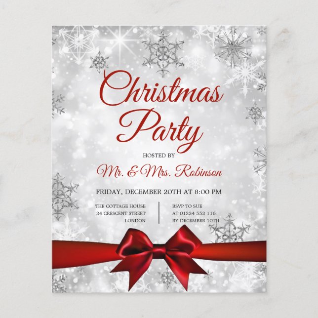 Flyer Festa de Natal Silver Winter Sparkle Red Ribbon (Frente)