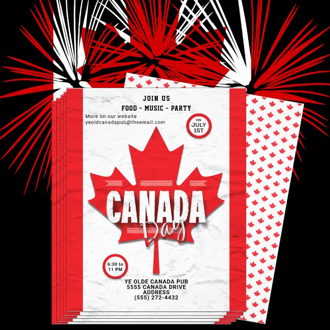 Flyer Flag Canada Day Julho 1rua Red Maple Leaf Invitati (Flag of Canada red maple left with Canada Day invitation flyer.  Maple leaf pattern on back of card)