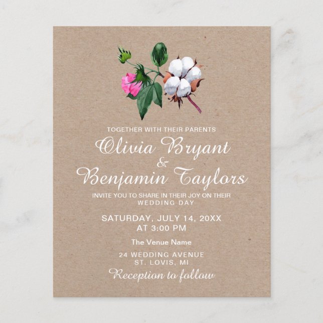 Flyer Flor de algodão. Casamento Rustic Nature Kraft (Frente)